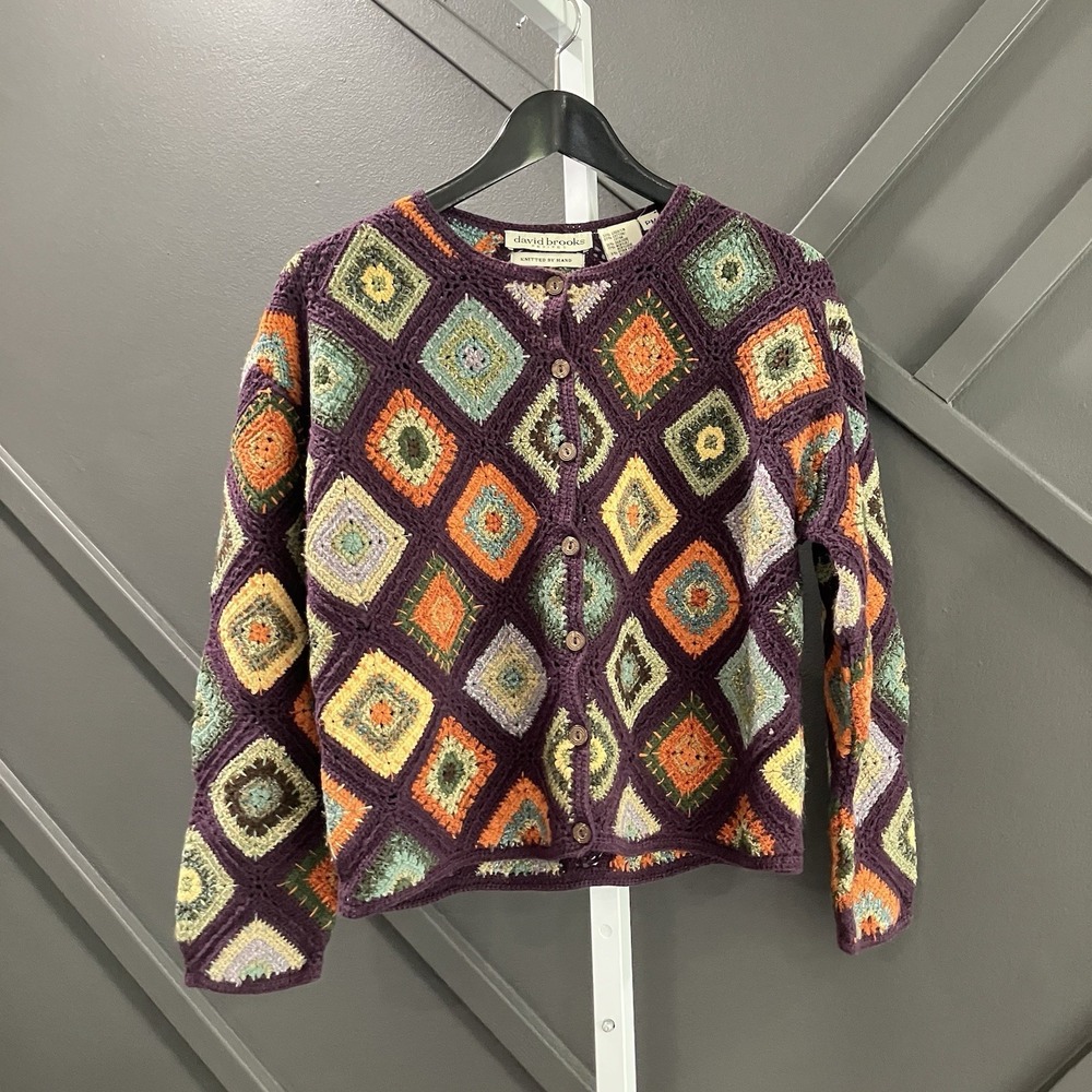 David Brooks Petites Hand Knit Crochet Granny Square Cardigan Sweater PM
